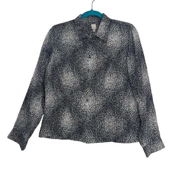 Anne Klein 100% Silk Button Down Shirt Black White Abstract Pattern Women Sz 12 - Picture 1 of 10